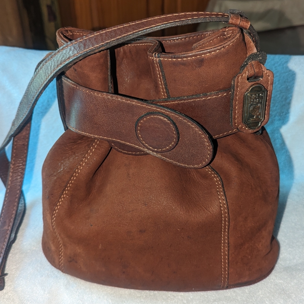 Vintage Brown Leather Bucket Crossbody Bag